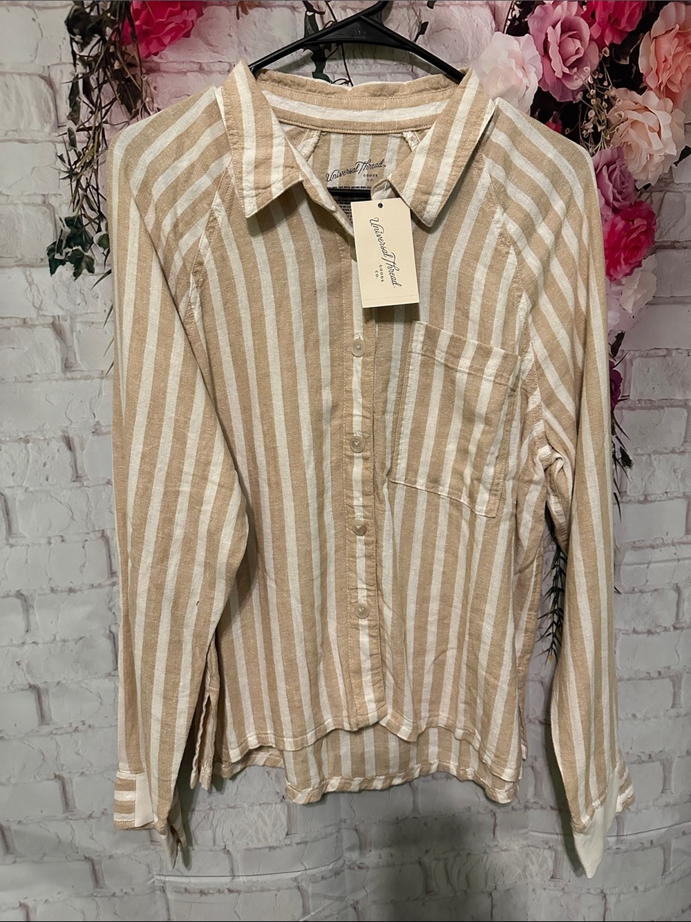 Universal Thread Tan and White Striped Button-Down Shirt